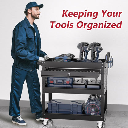 3 Tier Rolling Tool Cart on Wheels, Heavy Duty Service Cart Industrial Utility Cart with Drawer and Screwdriver Rack Pegboard, 550 LBS Mobile Tool Storage Organizer for Garage, Workshop(Black)