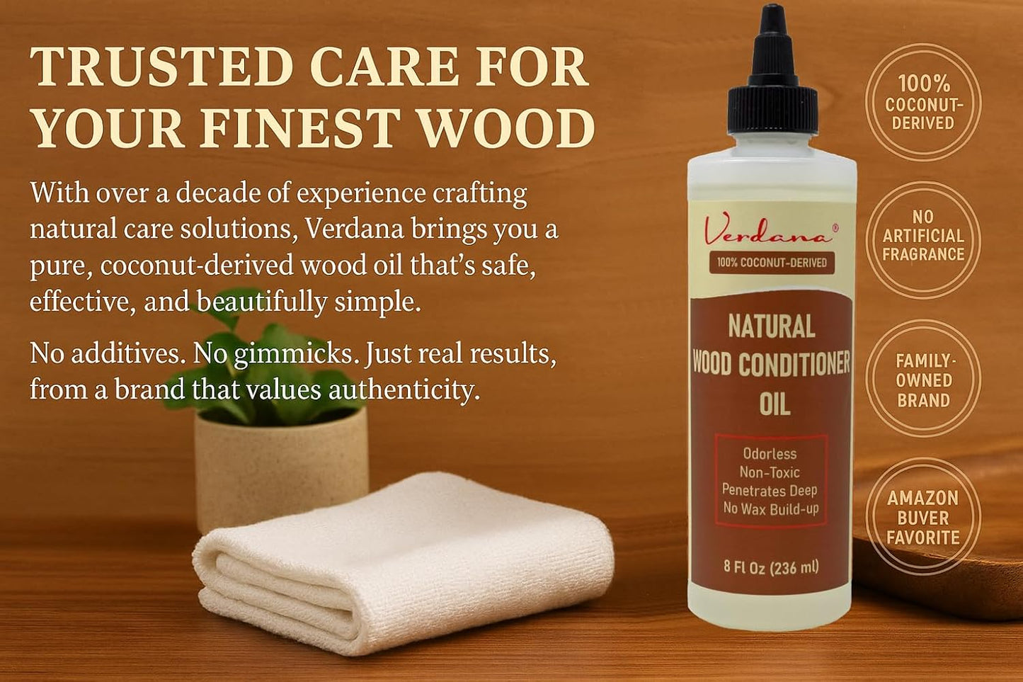 Verdana Natural Wood Conditioner Oil – 8 fl oz – Odorless, Non-Toxic Coconut Oil Polish for Furniture – No Wax Buildup - Nourishes, Restores & Rejuvenates Wood Furniture