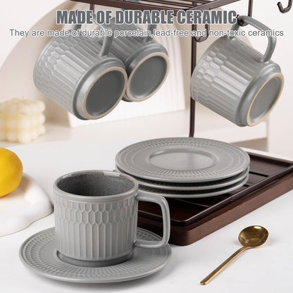Large Cappuccino Cups with Saucers Set of 4, 8 Ounce Stackable Embossed Ceramic Coffee Mugs for Specialty Coffee Drinks, Latte, Cafe Mocha and Tea, Dishwasher & Microwave Safe (Grey)