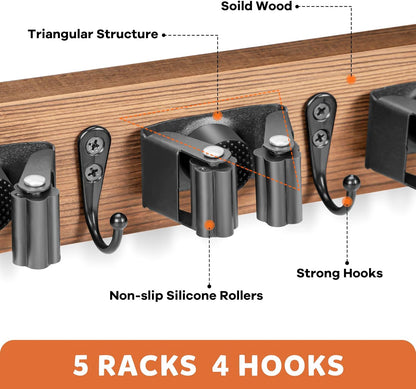 IMILLET Broom Holder Wall Mount, Rustic Wood Broom Hanger with 5 Racks and 4 Hooks, Laundry Room Organization and Storage, Mop Holder for Home Decor, Garden, Garage, Kitchen, Closet