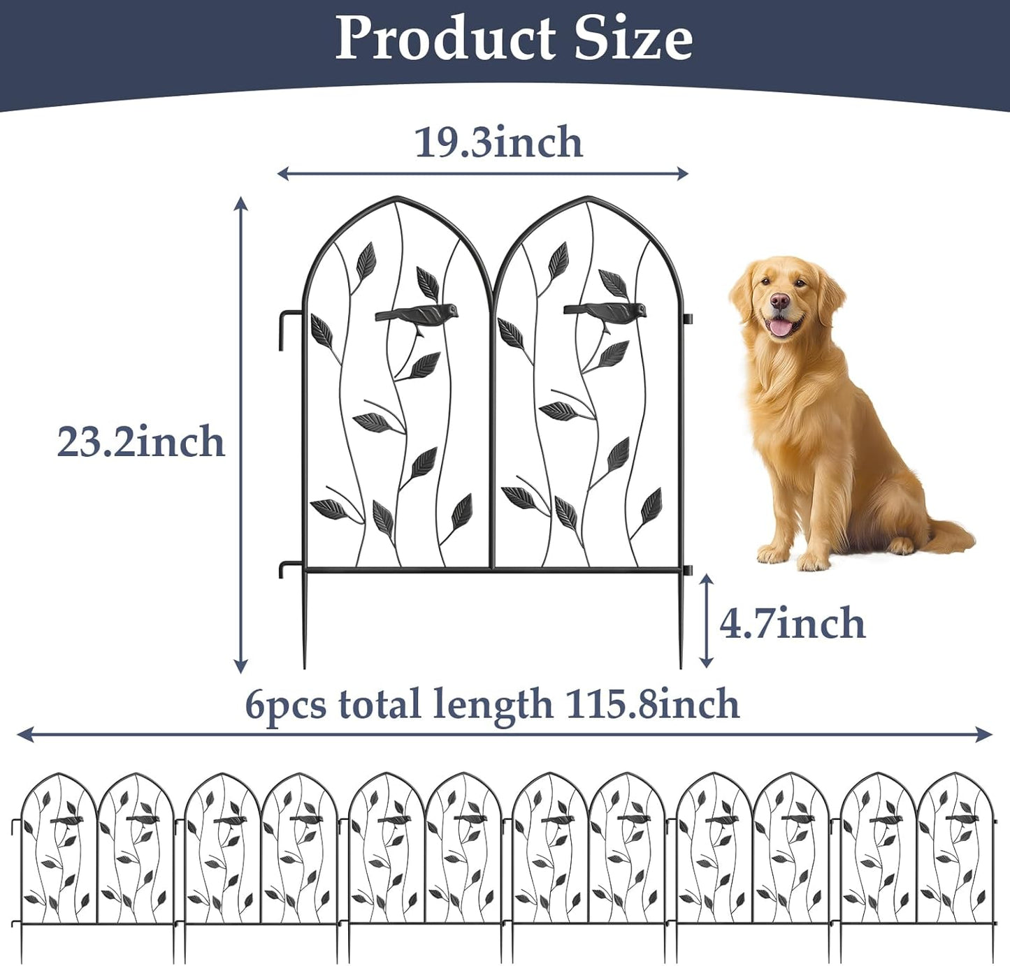 Vintage Decorative Garden Fence 6 Pack, 24in(H) x 10Ft(L), Metal Garden Fencing Panel, Landscape Pathway Edge Iron Picket Fence Panels (Black)