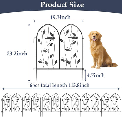 Vintage Decorative Garden Fence 6 Pack, 24in(H) x 10Ft(L), Metal Garden Fencing Panel, Landscape Pathway Edge Iron Picket Fence Panels (Black)