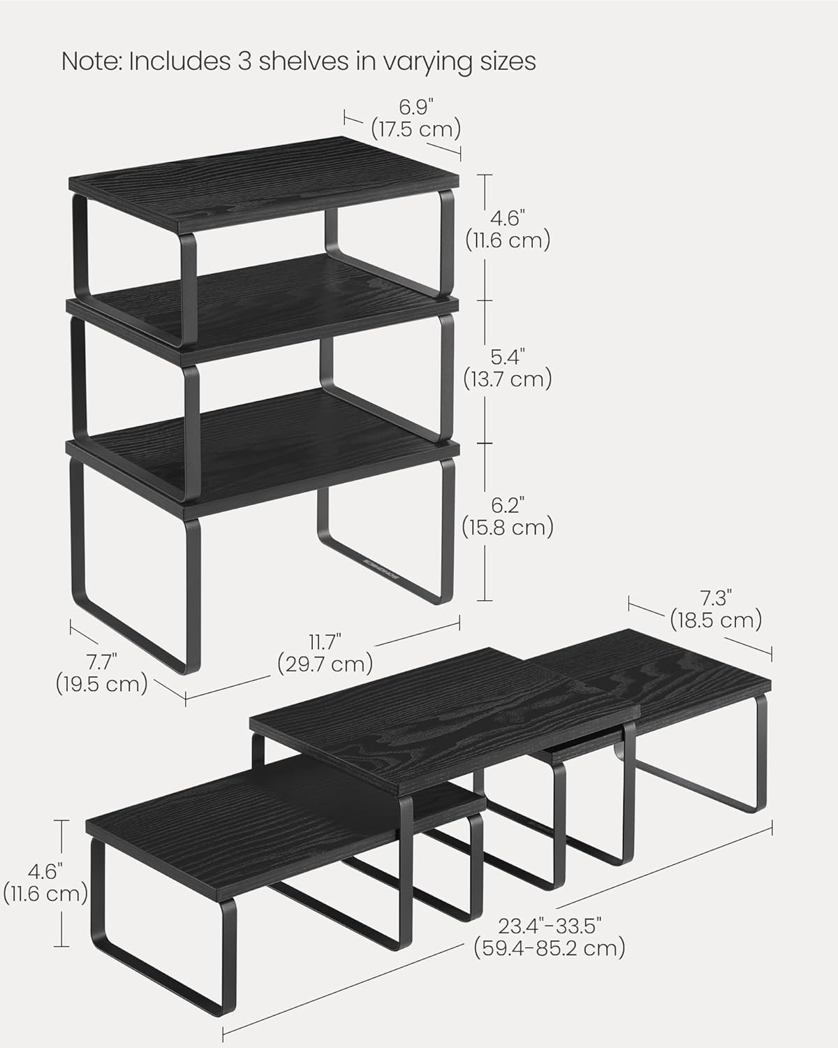 SONGMICS Cabinet Organizer Shelf, Set of 3 Kitchen Counter Shelves, Kitchen Storage, Spice Rack, Stackable, Expandable, Anthracite Gray and Matte Black UKCS220B01