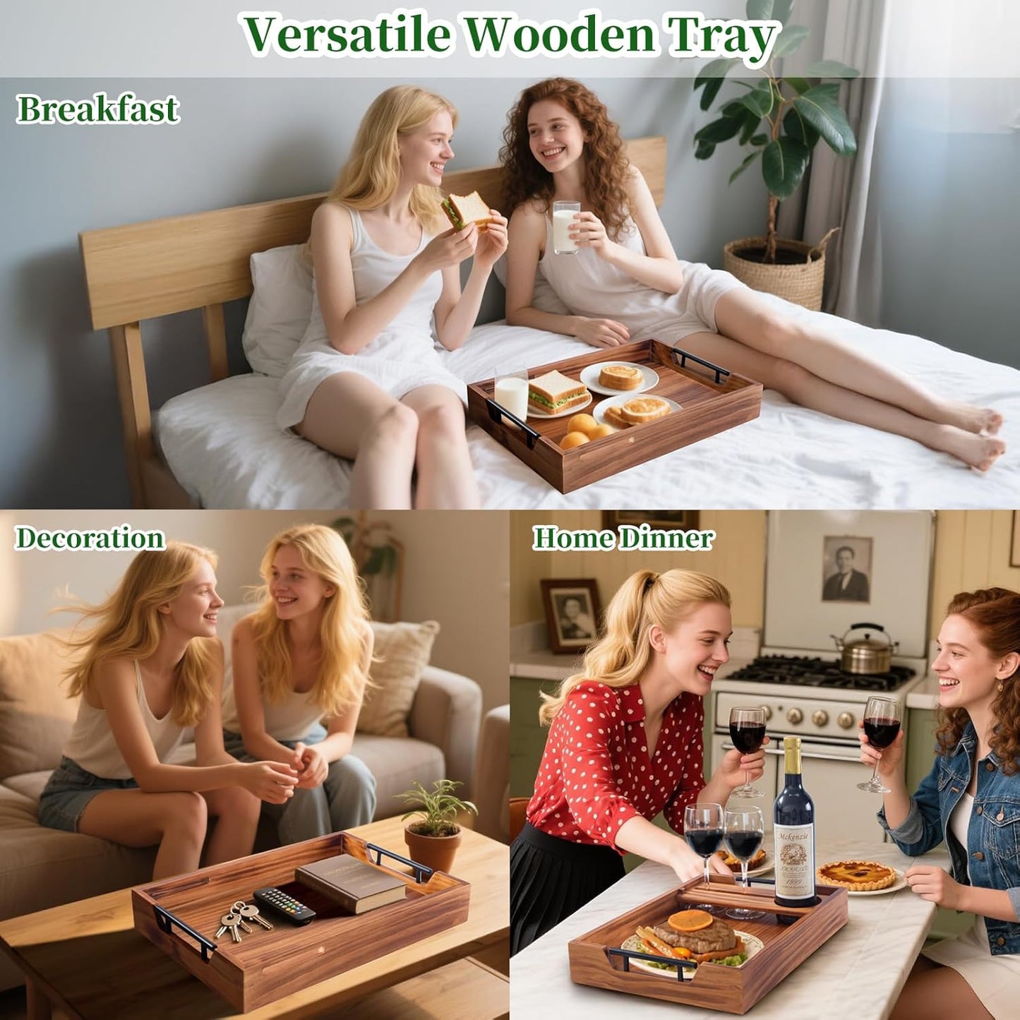 Wood Serving Tray with Handles, 17"x12" Rustic Wooden Trays with Removable Wine Glass Holder Decorative Ottoman Tray for Living Room, Coffee Table, Breakfast Food Trays in Bed