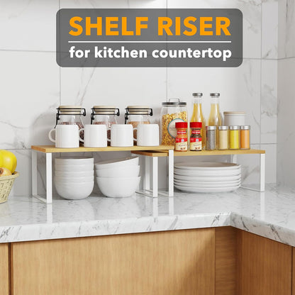 SpaceAid Cabinet Shelf Organizers 2 Pack, Kitchen Counter Rack Shelves Riser, Stackable Expandable Spice Rack, Pantry Cupboard Storage Organization (White and Natural, Long)