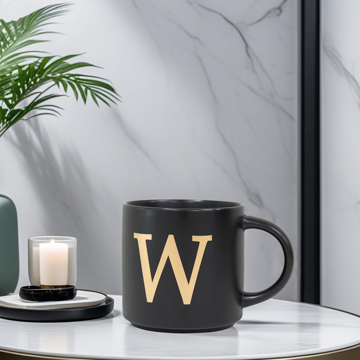 COLLECTIVE HOME - Monogram Ceramic Mugs, 15 oz Golden Initial Black Coffee Cups, Elegant Alphabet Tea Mugs, Elegant Personalized Mug with Gift Box, Unique Mug with Double Side Capital Lette (W)