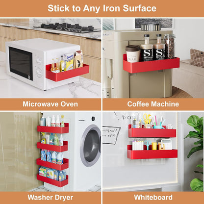 Magnetic Spice Rack for Refrigerator, Kitchen Organizer and Storage Shelf, Red (4 Pack)…