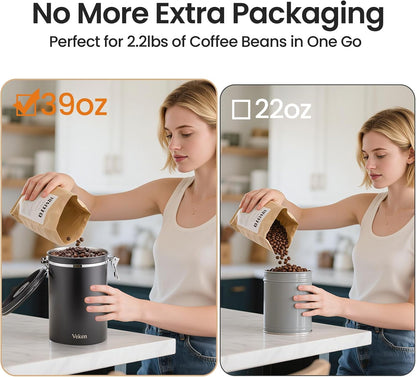 Veken Coffee Canister, 39OZ Large, Airtight Stainless Steel Food Storage Container for 2.2lbs Coffee Beans, Ground, Sugar, Tea, Flour, Rice, Cereal, Cookies Jars, Bar Accessories & Gifts, Black