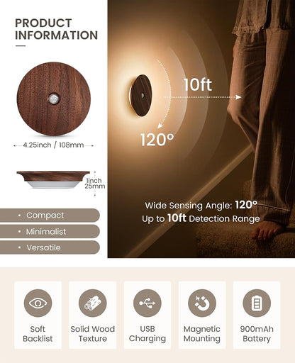 Motion Sensor Night Light Wood Rechargeable Battery-Powered Stick-On Step Lights Magnetic Closet Lights Warm Nightlight for Hallway Bedroom Stair (Black Walnut)