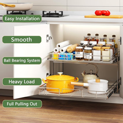 2 Tier Individual Pull Out Cabinet Organizer 28½" W x 21½" D, Heavy Duty Cabinet Pull Out Shelves, Slide Out Drawers Organization for Kitchen Cabinets Bathroom