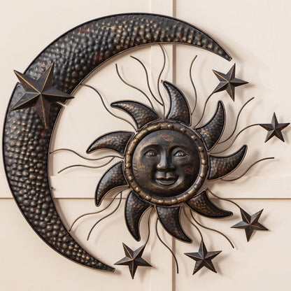 TICKCACY 27” Metal Sun Wall Decor, Vintage Sun Moon Stars Wall Hanging Decoration, Moon and Stars Wall Art Sculpture for Indoor Outdoor Living Room Bedroom Garden Yard Patio Fence