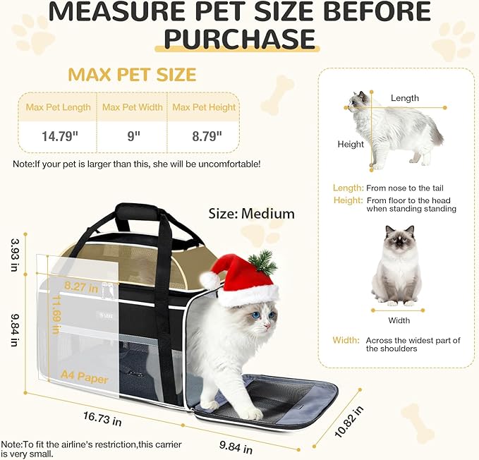 Lekereise Top-Expandable Pet Carrier 17x11x9.5 Inch Alaska Hawaiian Airline Approved Soft Sided Underseat to 12lbs Travel Carriers for Small Cats and Dogs with Locking Safety Zippers Anti-Scratch Mesh