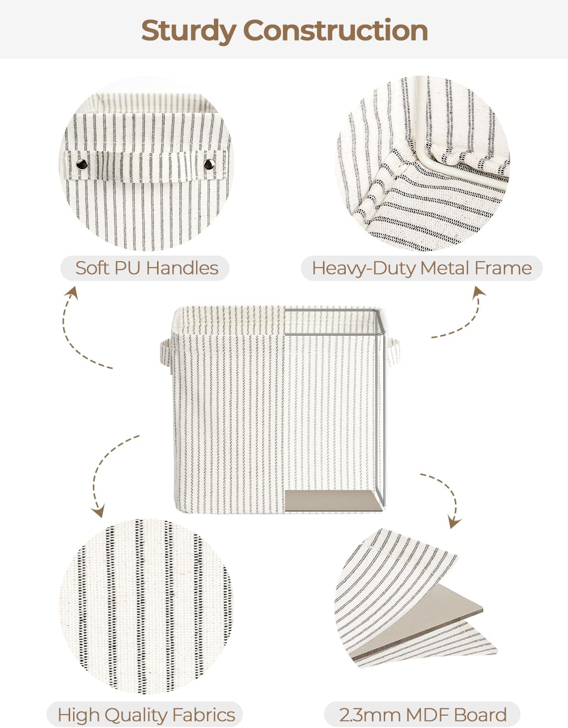 StorageWorks Narrow Storage Bins, Small Basket for Closet and Shelves, Rectangular Fabric Organizer with Handles, Toilet Paper Storage, Gray and White Stripes, 2-Pack