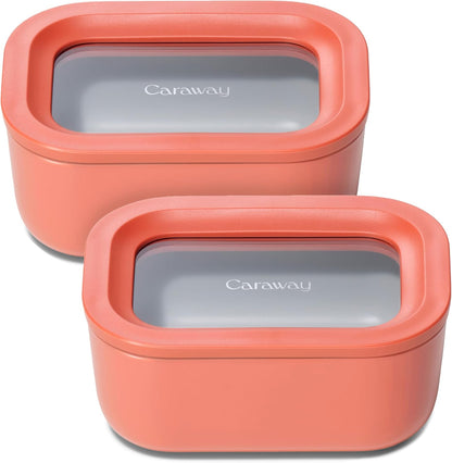 Caraway 2pc Glass Food Storage Set - 2.6 Cup Food Containers (2) - Non-Toxic Ceramic-Coated Glass - Air Release Technology - Compact & Stackable Design - Perracotta