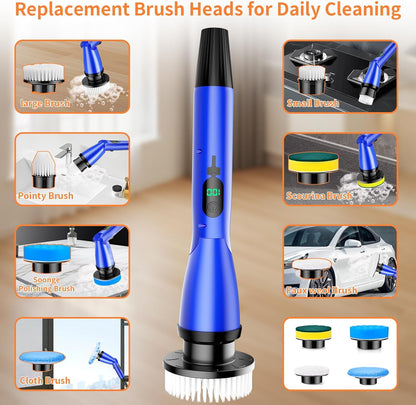 11 in 1 Electric Spin Scrubber Cordless Cleaning Brush 3 Adjustable Angles 2 Adjustable Speeds LED Display Shower Cleaner Brush Supplies Extension Long Handle for Bathroom Floor Tile Toilet Waterproof