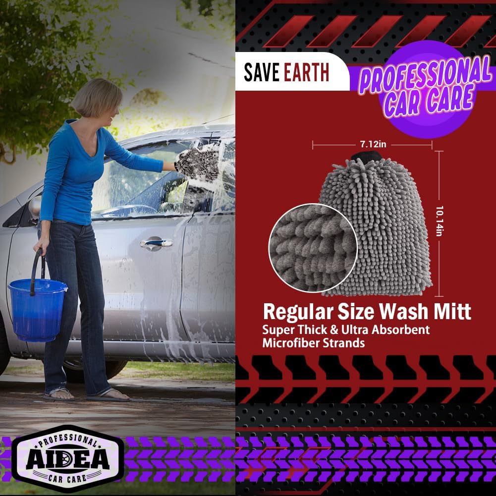 AIDEA Car Wash Mitt Microfiber, 1PK Scratch Free Lint-Free, Premium Chenille Microfiber Sponge Mitt Car Wash Brush, Grey, Regular Size 7.12''X10.14''