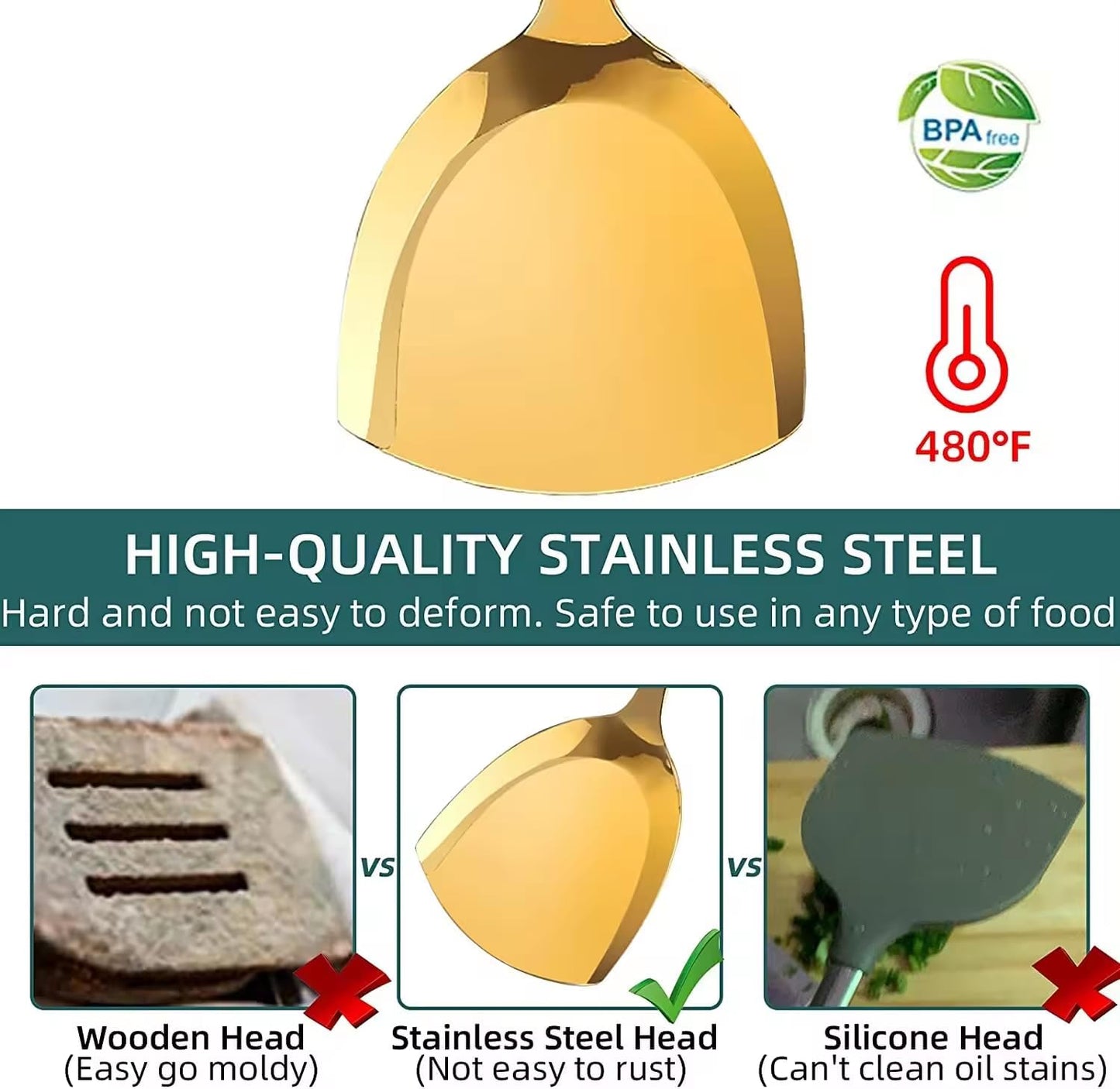 Generic Stainless Steel Kitchen Utensil Set, Spoon, Spatula, Pasta Server, Small Spatula (Black & Gold)