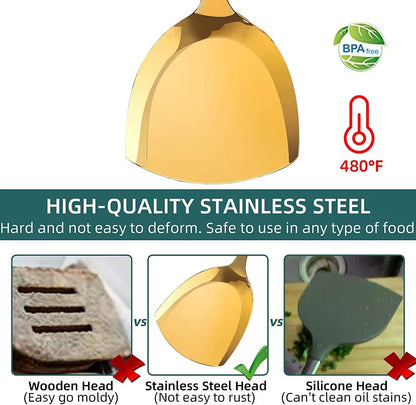 Generic Stainless Steel Kitchen Utensil Set, Spoon, Spatula, Pasta Server, Small Spatula (Black & Gold)