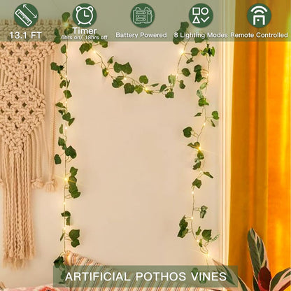 suddus Vine with Fairy Lights Battery Operated, 13.1ft 40 LED Pothos String Lights with Remote, Leaf Lights for Bedroom, Room, Wall, Garden, Party, Wedding Decor(Warm White)