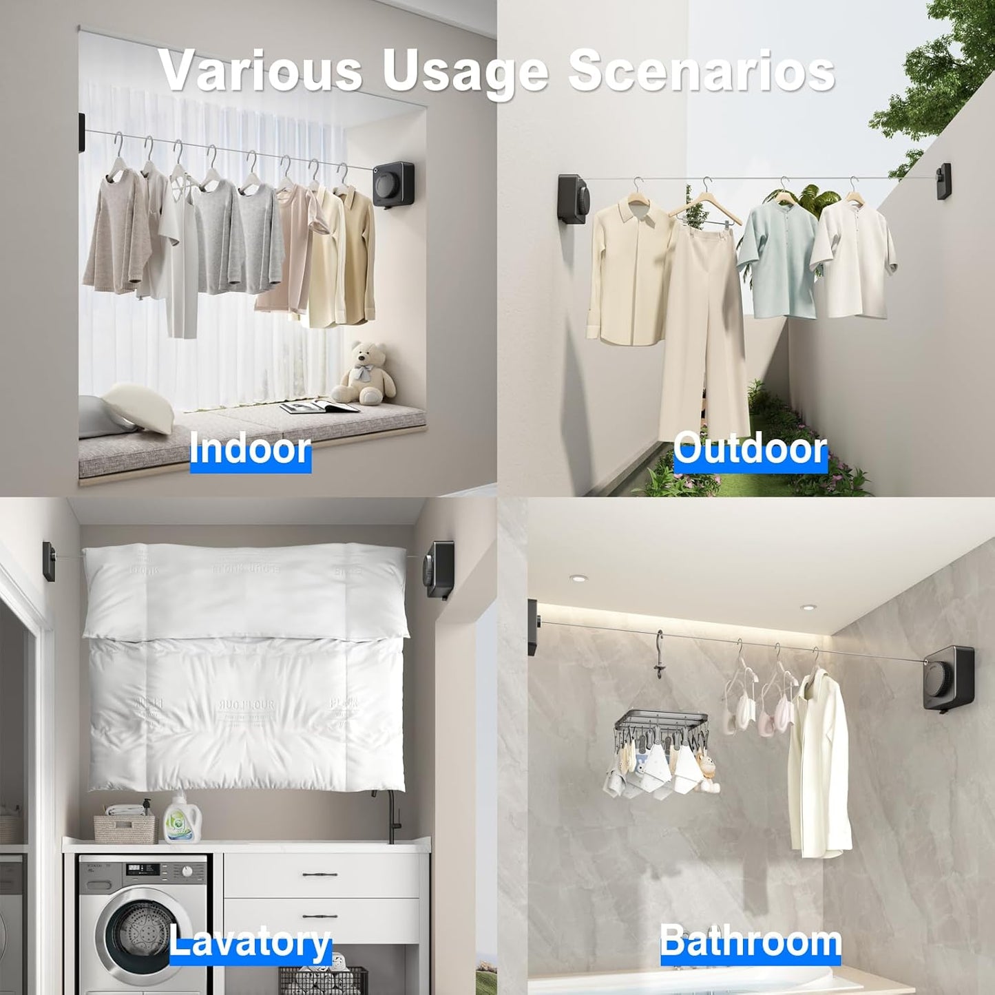 Retractable Clothesline Indoor, Non-Sagging Outdoor Clothes Line Retracting Heavy Duty Clothes Drying Laundry Line Wall Mounted Stainless Steel Line-15.1 Feets(Black)