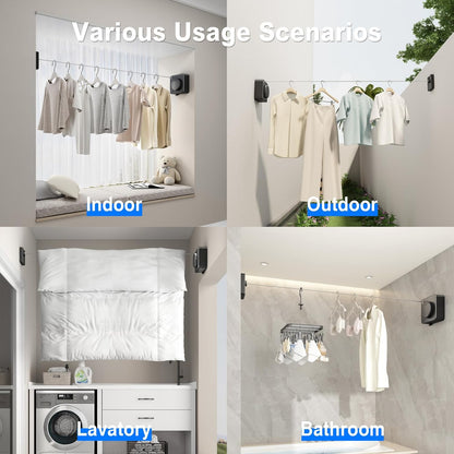 Retractable Clothesline Indoor, Non-Sagging Outdoor Clothes Line Retracting Heavy Duty Clothes Drying Laundry Line Wall Mounted Stainless Steel Line-15.1 Feets(Black)