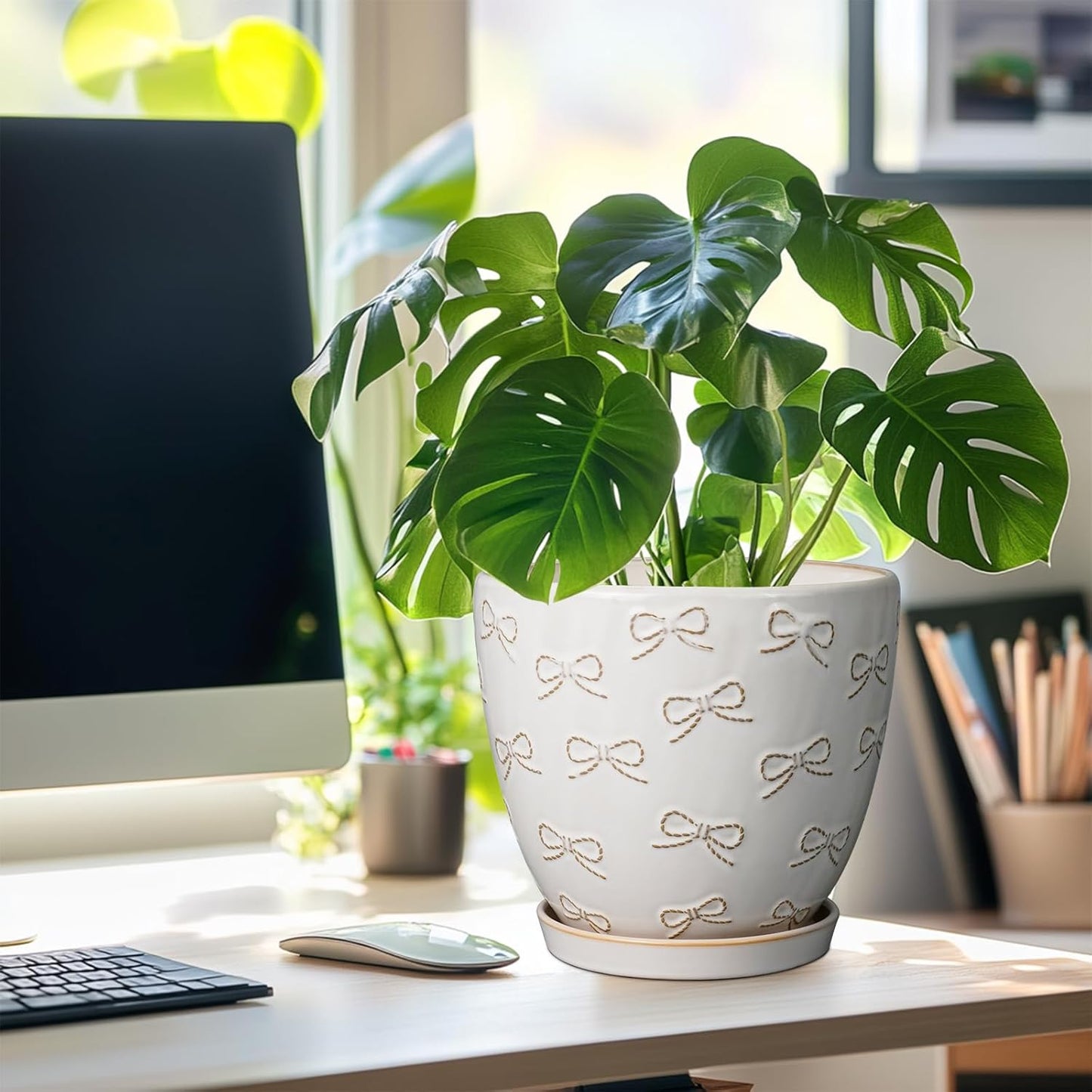 Ceramic Pots for Plants - 8 Inch Plant Pot with Drainage Hole and Saucer Large Planter Pot for Indoor Plants Outdoor Modern Flower Pot Home Decor White