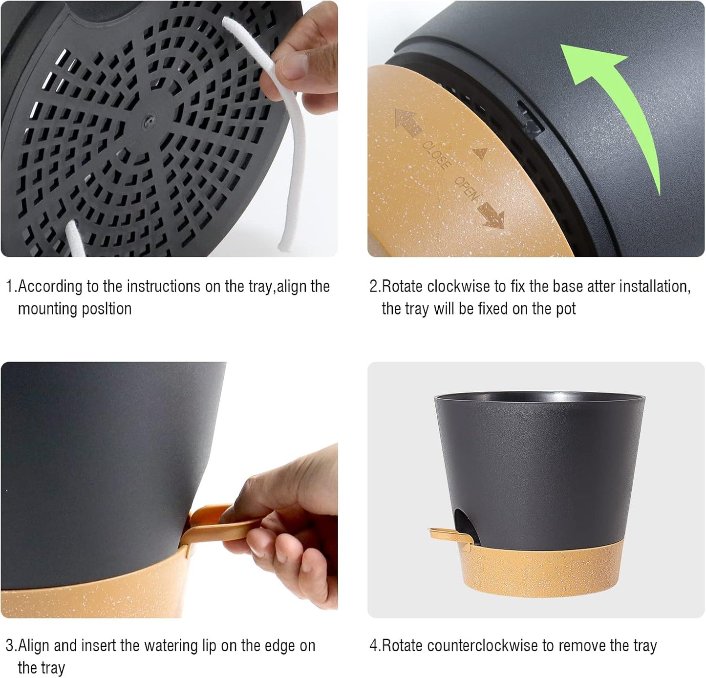 Self Watering Pots for Indoor Plants,12 inch Planters with Drainage Holes Plastic Flower Pots with Deep Reservoir, Black with Brown