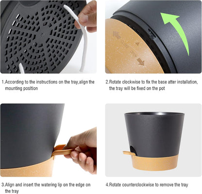 Self Watering Pots for Indoor Plants,12 inch Planters with Drainage Holes Plastic Flower Pots with Deep Reservoir, Black with Brown