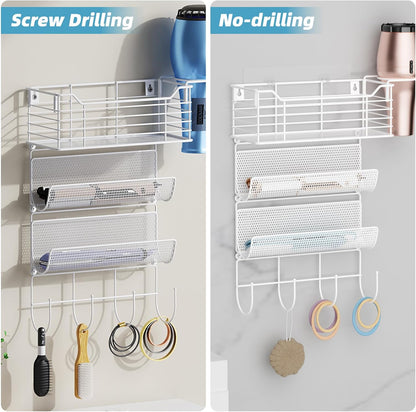 VITVITI Metal Hair Tool Organizer Wall Mount, Hair Dryer Holder with 3 Tier Shelf Basket Hooks, Bathroom Hair Styling Tool Organizer for Curling Iron/Blow Dryer/Straightener, White