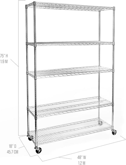 Seville Classics UltraDurable Heavy Duty NSF Solid Steel Wire Rack Storage Unit Organizer for Garage, Warehouse, Office, Restaurant, Classroom, Kitchen, 5-Tier Shelving, 48" W x 18" D