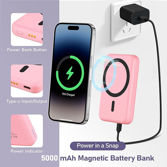 3 in 1 Wireless Charging Station: 5000mAh Removable Power Bank Charger Stand for Phone/Watch/Air Pods - Portable Magnetic Battery Pack for Air 17 16 15 14 13 12 Series Pink