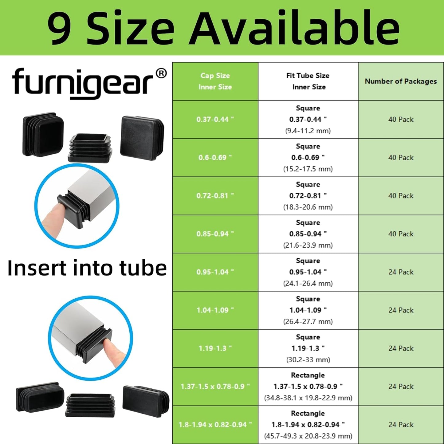 Furnigear Plastic Plugs Tubing End Cap Chair End Caps Outside Bottom Tubing Caps Square Furniture Sliders Glides Black (24, Fit 1.04-1.09" Square Tube Inner Size)