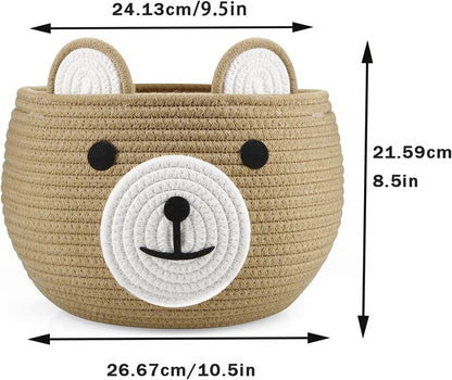 PandaEar Cotton Rope Baby Basket, Baby Gift Basket Nursery Laundry Organizer with Cute Bear Design for Storage Infant Newborn Essentials, Diaper Caddy with Handle (Brown)