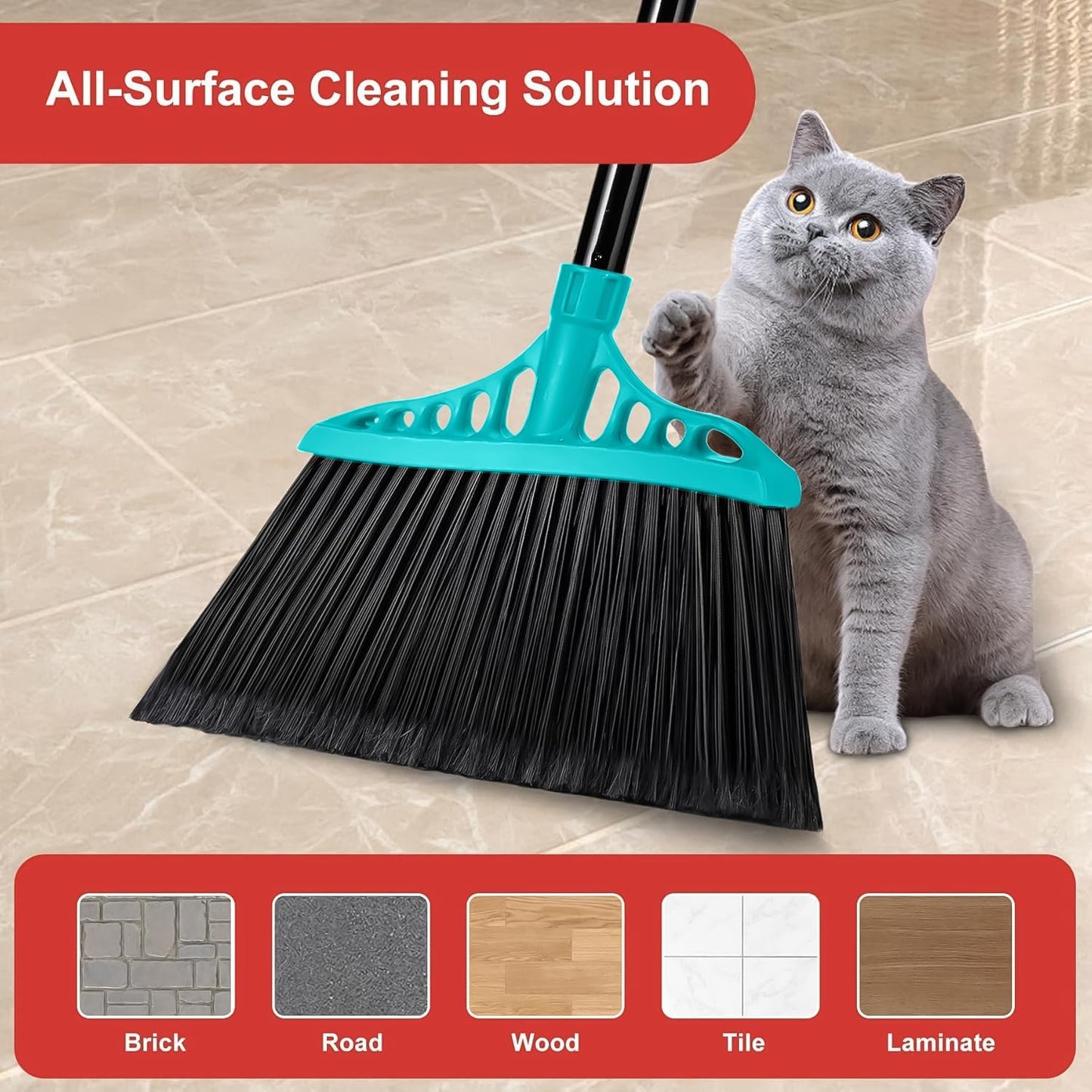 Outdoor Broom for Floor Cleaning, Heavy Duty Brooms with 55" Long Handle, Angle Brooms for Concrete Courtyard Home Patio Kitchen Shop Lobby Patio Lawn - Blue