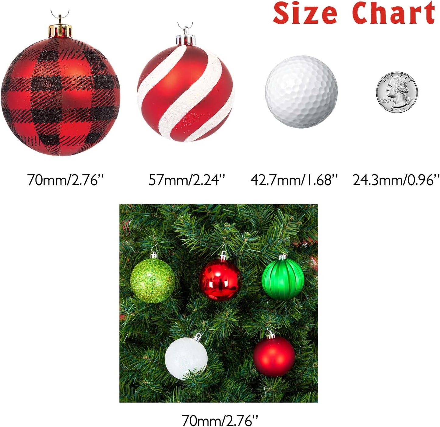 Every Day is Christmas Ornaments, Shatterproof Christmas Tree Ornament Set, Christmas Balls Decoration 35 Count (2.75"/70mm, Green Red White)