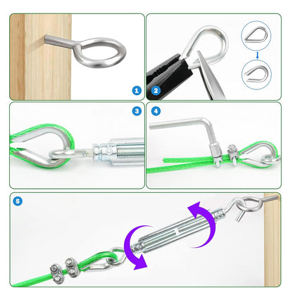 100 Ft Turnbuckles for Cables Wire, 3/16" Green PVC Coated Wire Rope Kit, Multi-use Steel Cable for Grape Vines/Clothes Line Outdoors for T Post/String Light Hanging/Garden Wire