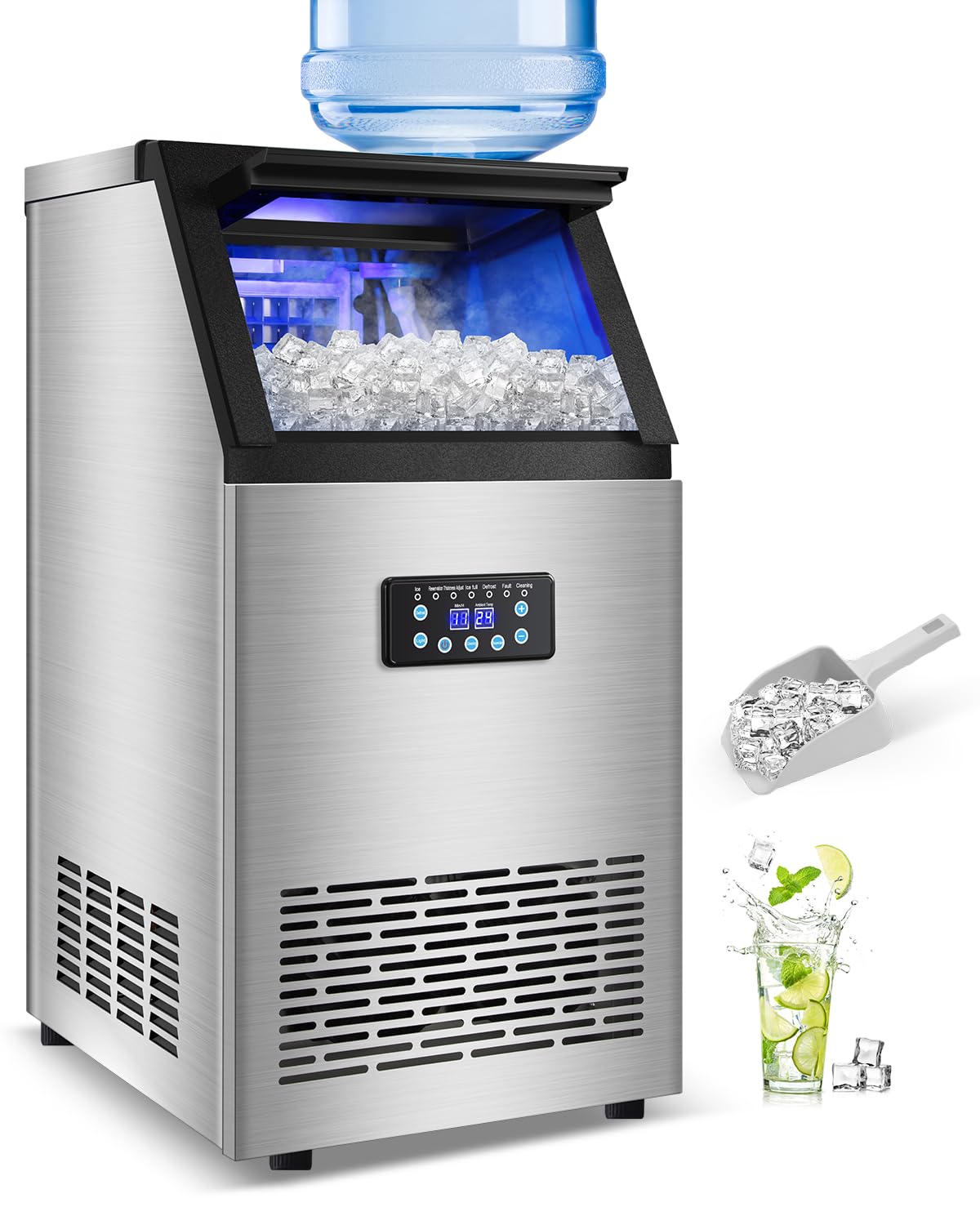Commercial Ice Maker Machine 120LBS/24H with 30LBS Storage Bin, 15" Wide Undercounter/Freestanding Ice Maker Machine for Home Bar Outdoor, 40PCS Ice Cubes Ice Machine, Self Cleaning