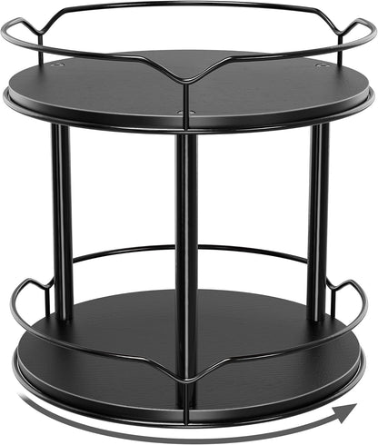 Lazy Susan Organizer 2 Tier - 9.2" Turntable Spice Rack for Table Top, Wooden Rotating Lazy Susan for Cabinet Pantry Kitchen Countertop Dining Table Cupboard Bathroom Vanity Storage(Black)
