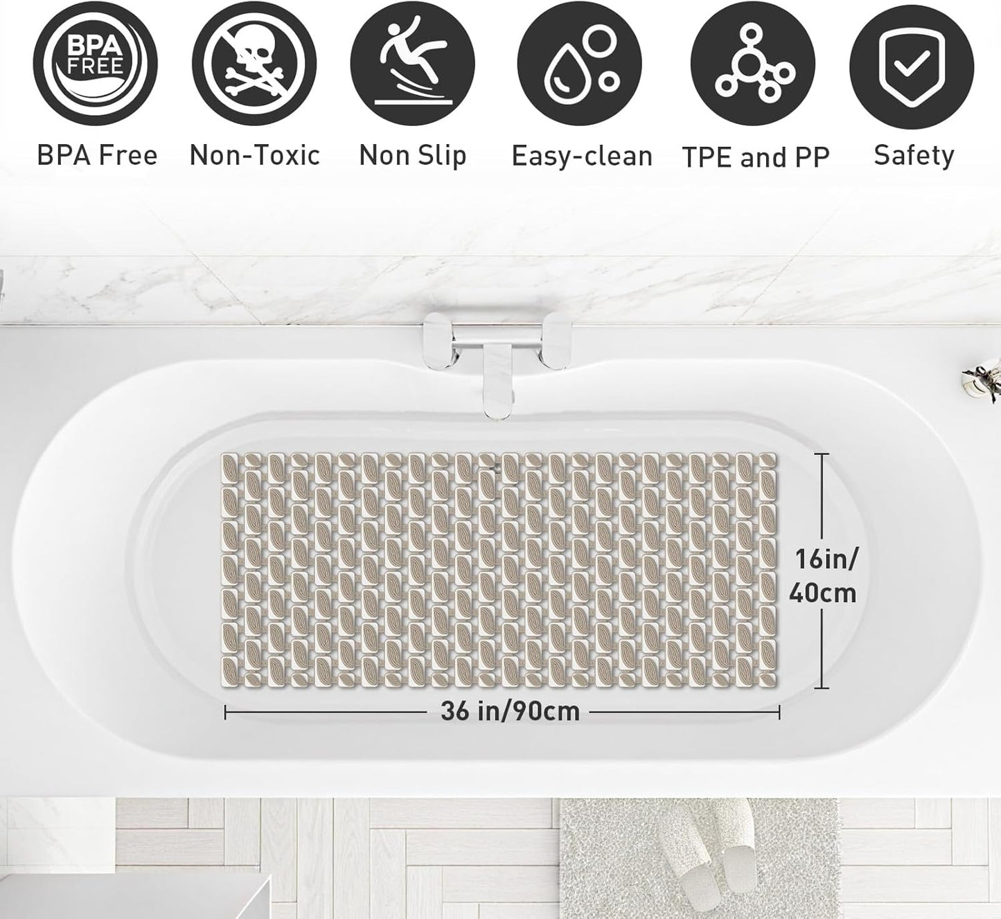 Shower Mat Non Slip Bathtub Mat - 36" x 16" Eco-Friendly Soft Bath Mat for Tub Non Slip Shower Mats for Inside Shower with Suction Cups and Drain Holes, Easy to Clean Quick-Drying, Brown