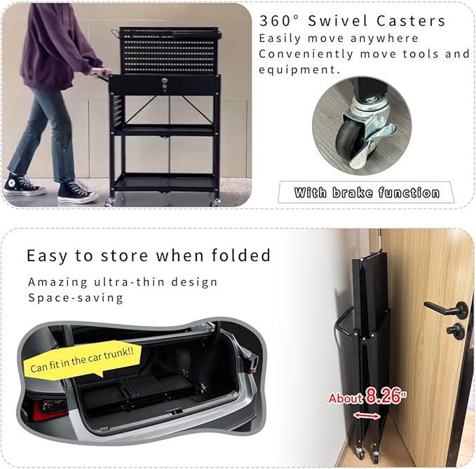 Lumizone Folding Tool Cart with Drawer and Pegboard Hooks Rolling Utility Service Cart on Wheels for Garage Organizer Foldable Power Tool Storage Heavy Duty Steel (Tool Cart with Drawer+Hooks)