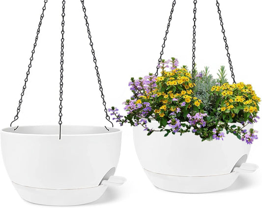 2 Pack 12 Inch Large Hanging Planters with Chains Self Watering White Plastic Hanging Pots for Indoor Outdoor Plants, Garden Porch Home Decor，White