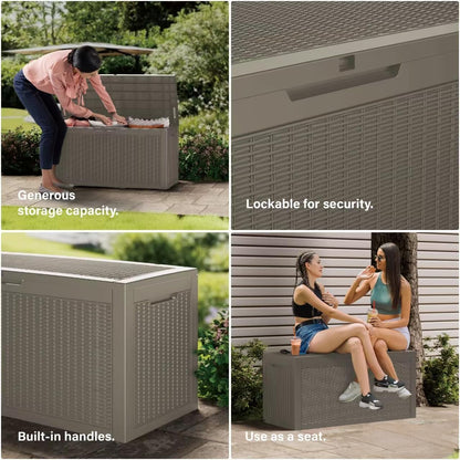 100 Gallon Double-Wall Resin Deck Box - Lockable Waterproof Outdoor Storage Box, 1000lbs Capacity & Doubles as Seating for Patio Furniture - Garden Tools, Pool Accessories (Brown)