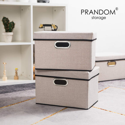 PRANDOM Foldable Storage Bin with Lid [3-Pack] Linen Fabric Decorative Storage Box Organizer Container Basket Cube with Handles Divider for Closet Office Living Room Light Grey(14.9x9.8x9.8)