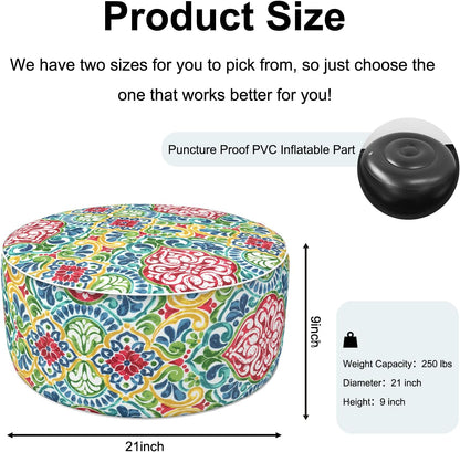 Inflatable Ottoman Stool D21 xH9 for Outdoor/Indoor Use, Water Repellent Patio Foot Rest Stool with Portable Handle,Round Pouf Ottoman Suitable for Garden,Deck and Camping - Damask Red