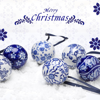 Cindeer 6 Pcs Blue and White Christmas Porcelain Balls 2.4 Inch Porcelain Chinoiserie Ornament Bulk Christmas Ceramic Hanging Decorative for Tree Home Xmas Party (Novelty Style)