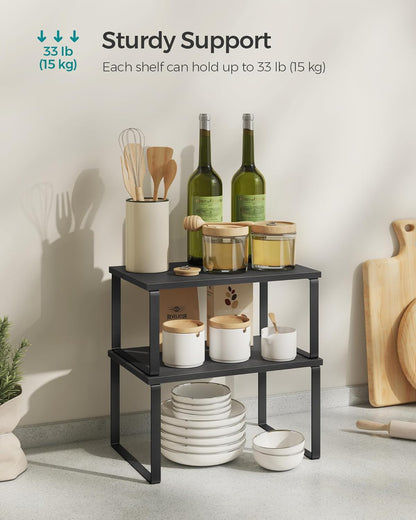 SONGMICS Cabinet Organizer Shelf, Set of 2 Kitchen Counter Shelves, Kitchen Storage, Spice Rack, Stackable, Expandable, Metal and Engineered Wood, Ink Black and Charcoal Black UKCS02B01