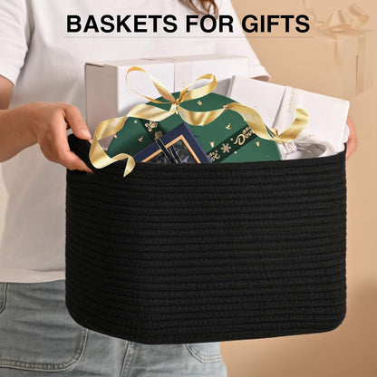 Woven Cotton Rope Storage Basket for Organizing, Cute Decorative Baskets for Gifts Empty, Organizer Bins for Dog Toy, Baby Laundry, 17“×13”×9.5“, Black