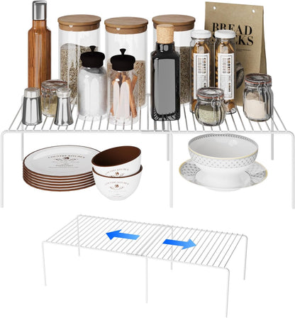 Expandable Storage Shelf, Pantry Organizers and Storage, Adjustable Rustproof Metal Wire Spice Rack, Space Saver Kitchen Storage Shelves for Pan, Pot, Countertop, Drawer, Fridge, Set of 2, White