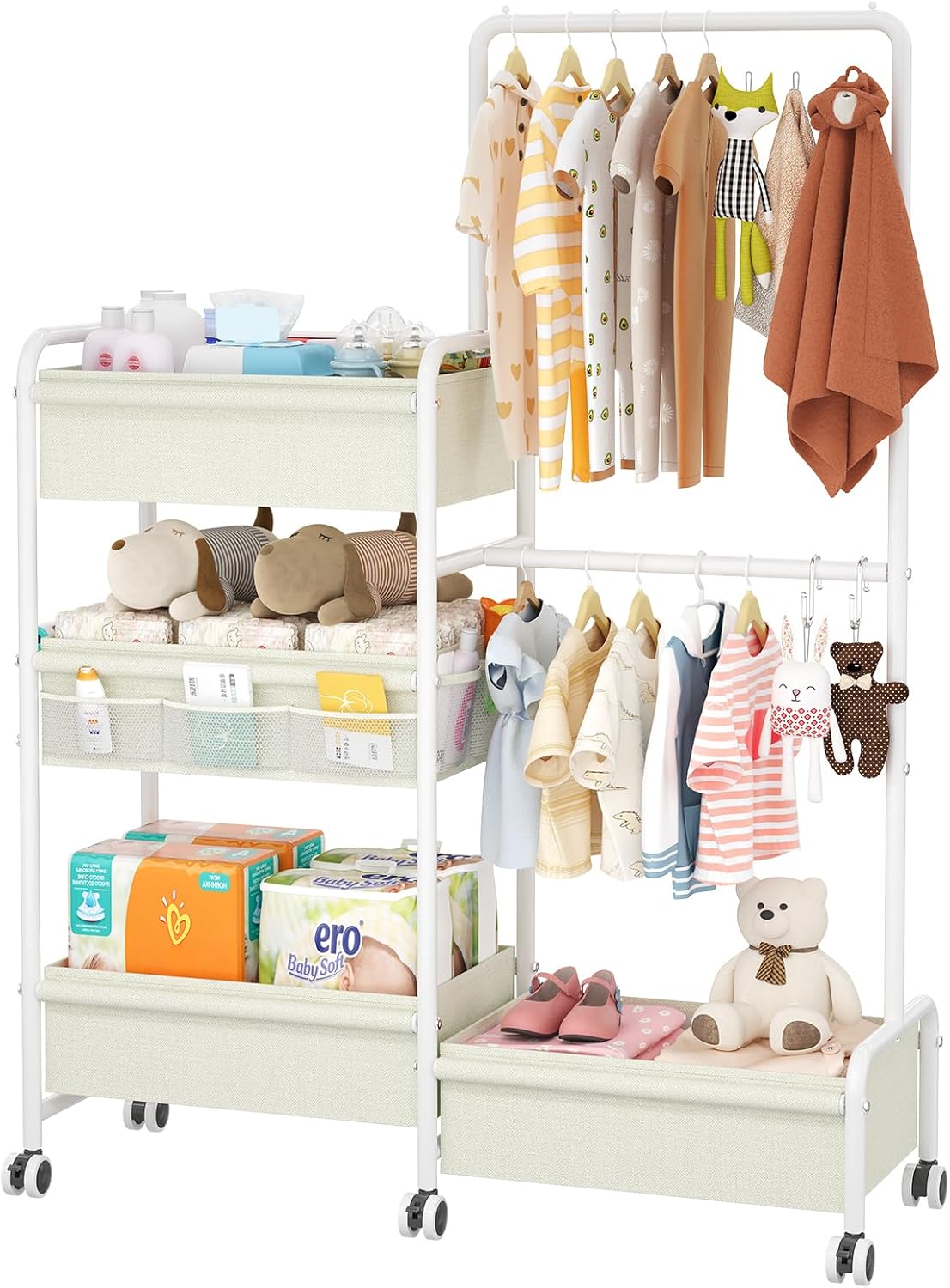 2in1 Baby Diaper Caddy & Clothes Organizer and Storage Rolling Cart, Large Capacity Nursery Organization For Baby Dresser,Changing Table, Crib, With 2 Dividers & 7 Pockets,White