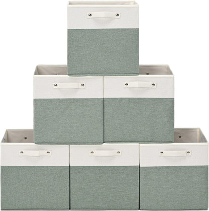 13 x 13 Inch Fine Linen Storage Bins with Handles，Fabric Cube Boxs，Collapsible Basket Organizers for Shelves for Home, Closet Drawers (White/Green-6 Pack)